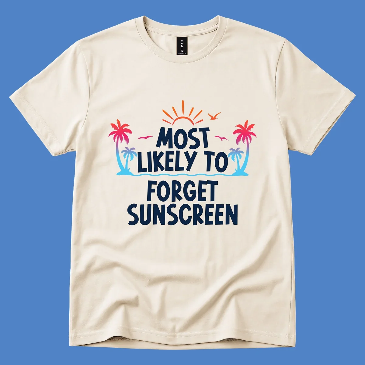 Tropical beach scene with rising sun, palm trees, and text reading 'Most Likely To Forget Sunscreen' in white letters