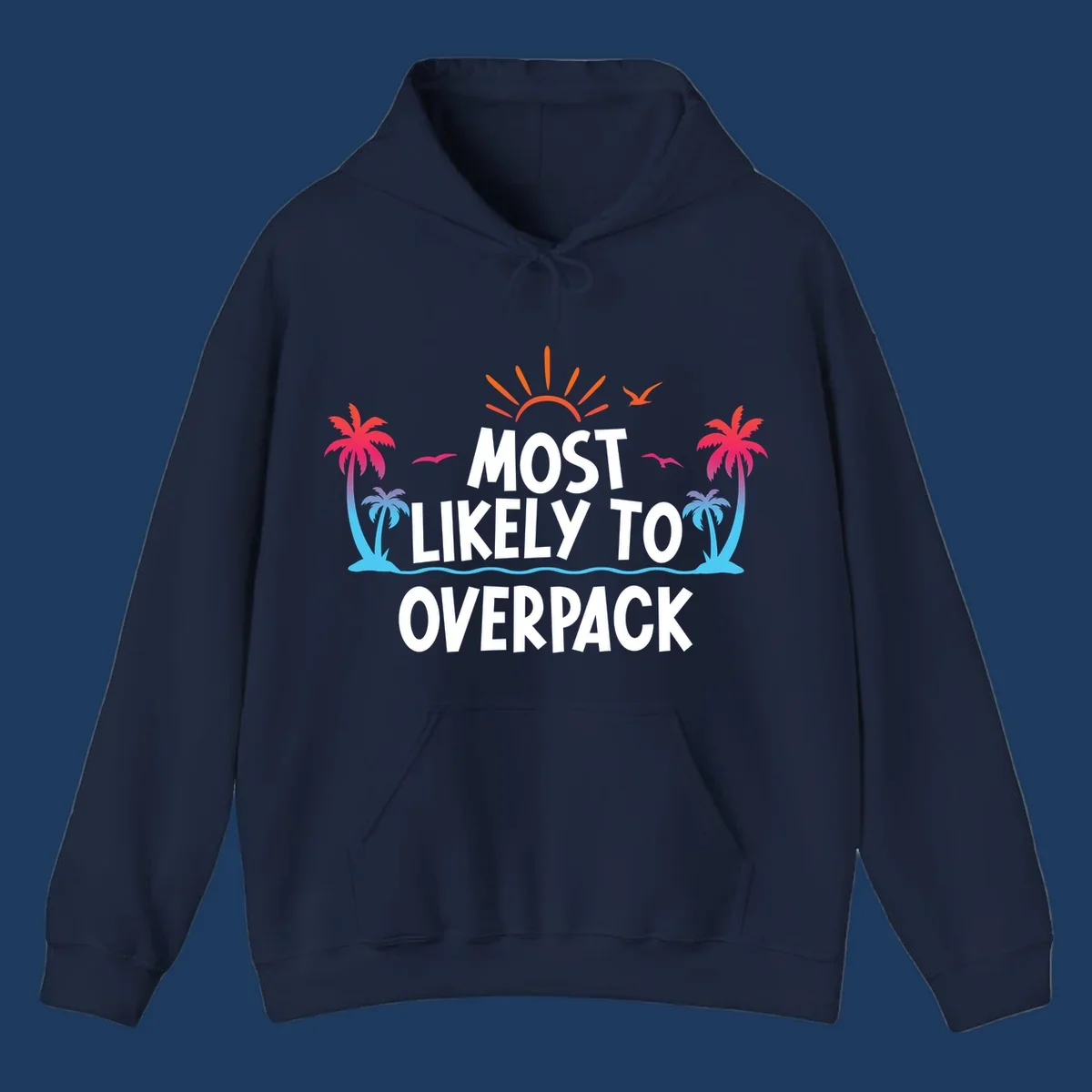 Tropical beach illustration with sun, palm trees, waves, and seagulls with text 'Most Likely To Overpack' for cruise vacation humor shirt design