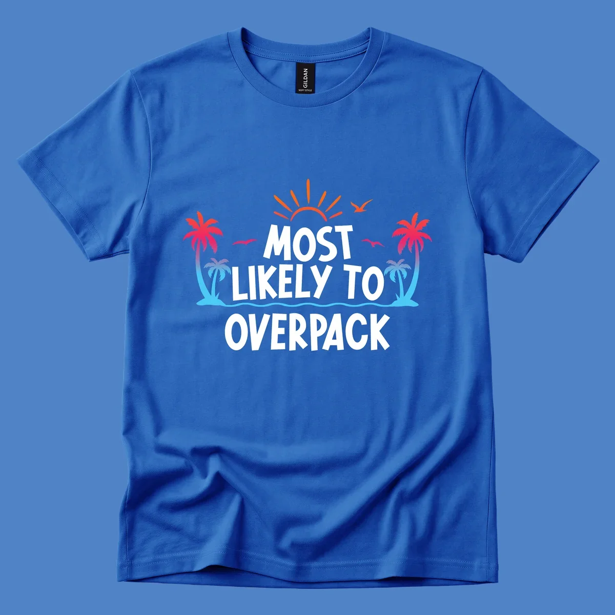 Tropical beach illustration with sun, palm trees, waves, and seagulls with text 'Most Likely To Overpack' for cruise vacation humor shirt design