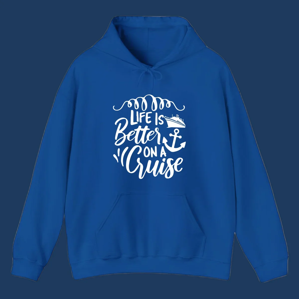 White nautical design with 'Life Is Better On A Cruise' text, cruise ship, anchor, and decorative wave swags on gray background
