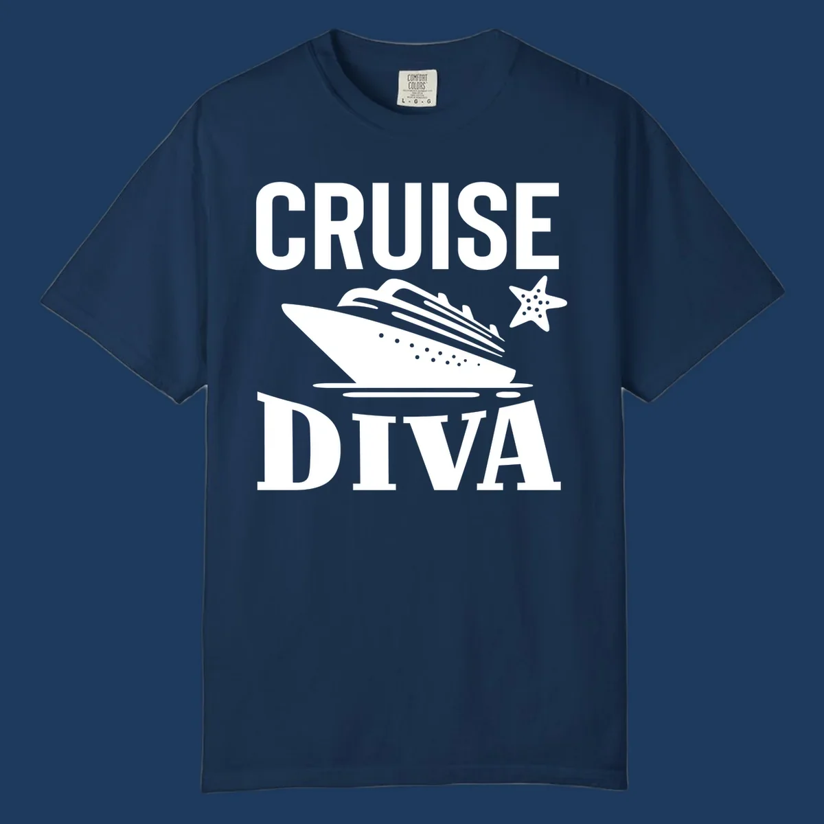 Cruise diva design featuring a cruise ship with starfish and wave graphics between white text reading cruise diva
