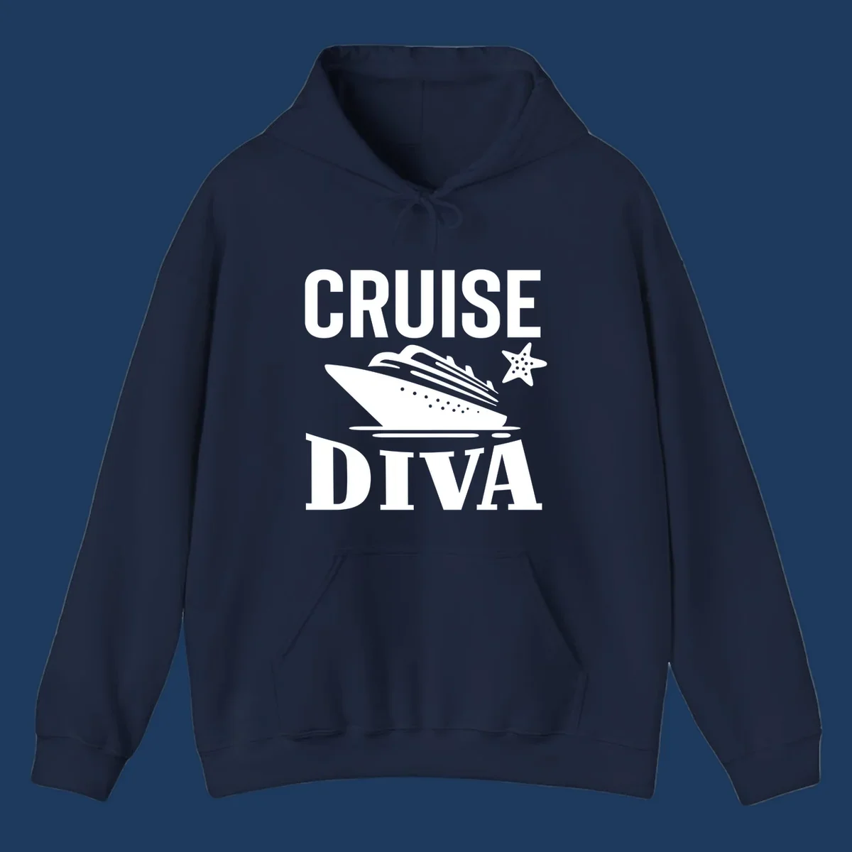 Cruise diva design featuring a cruise ship with starfish and wave graphics between white text reading cruise diva