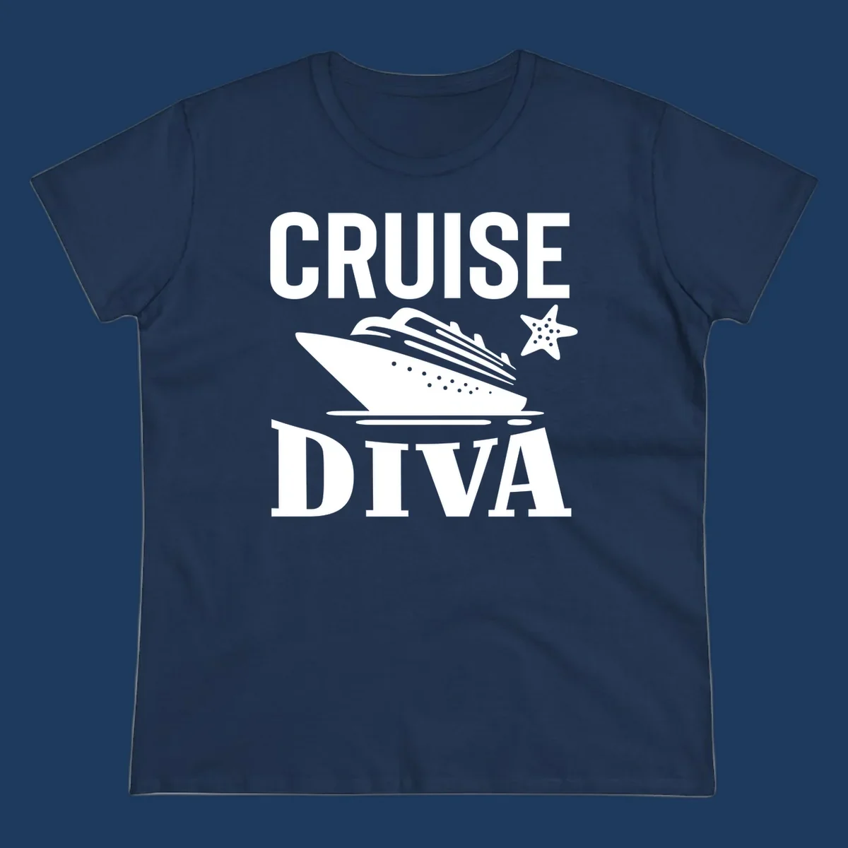 Cruise diva design featuring a cruise ship with starfish and wave graphics between white text reading cruise diva