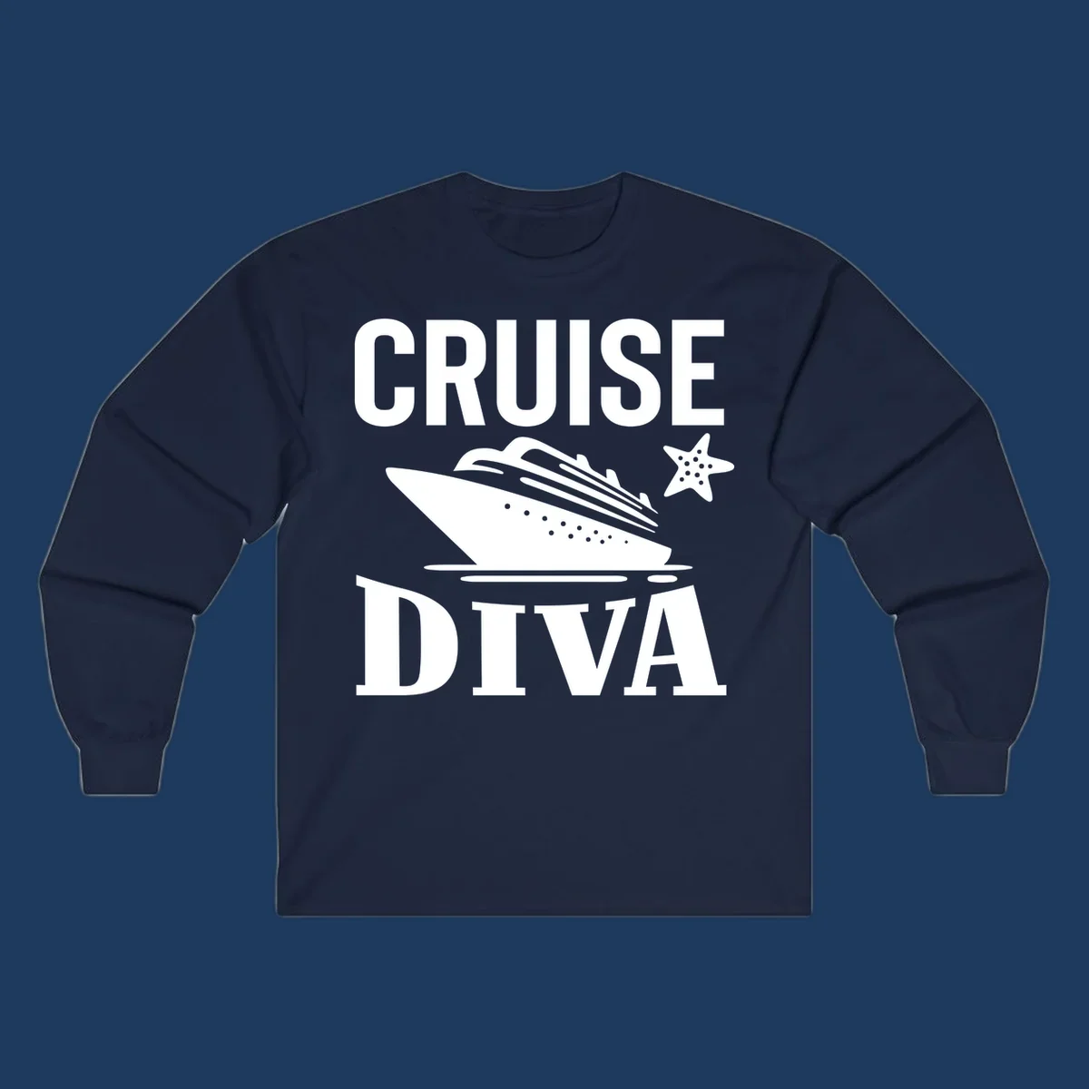 Cruise diva design featuring a cruise ship with starfish and wave graphics between white text reading cruise diva