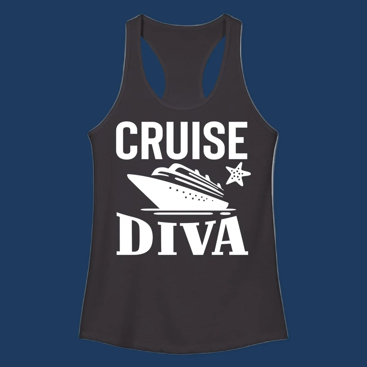 Cruise diva design featuring a cruise ship with starfish and wave graphics between white text reading cruise diva