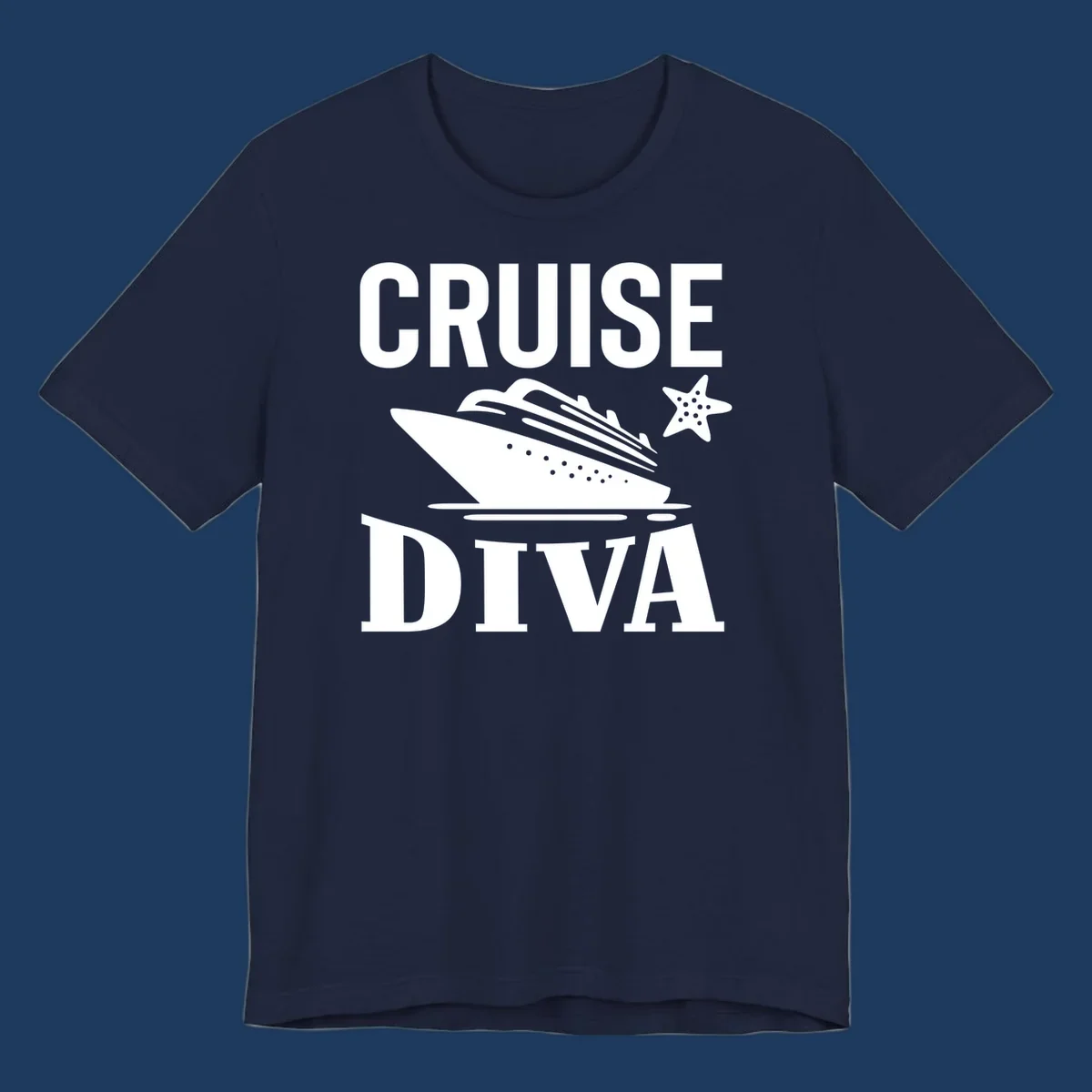 Cruise diva design featuring a cruise ship with starfish and wave graphics between white text reading cruise diva