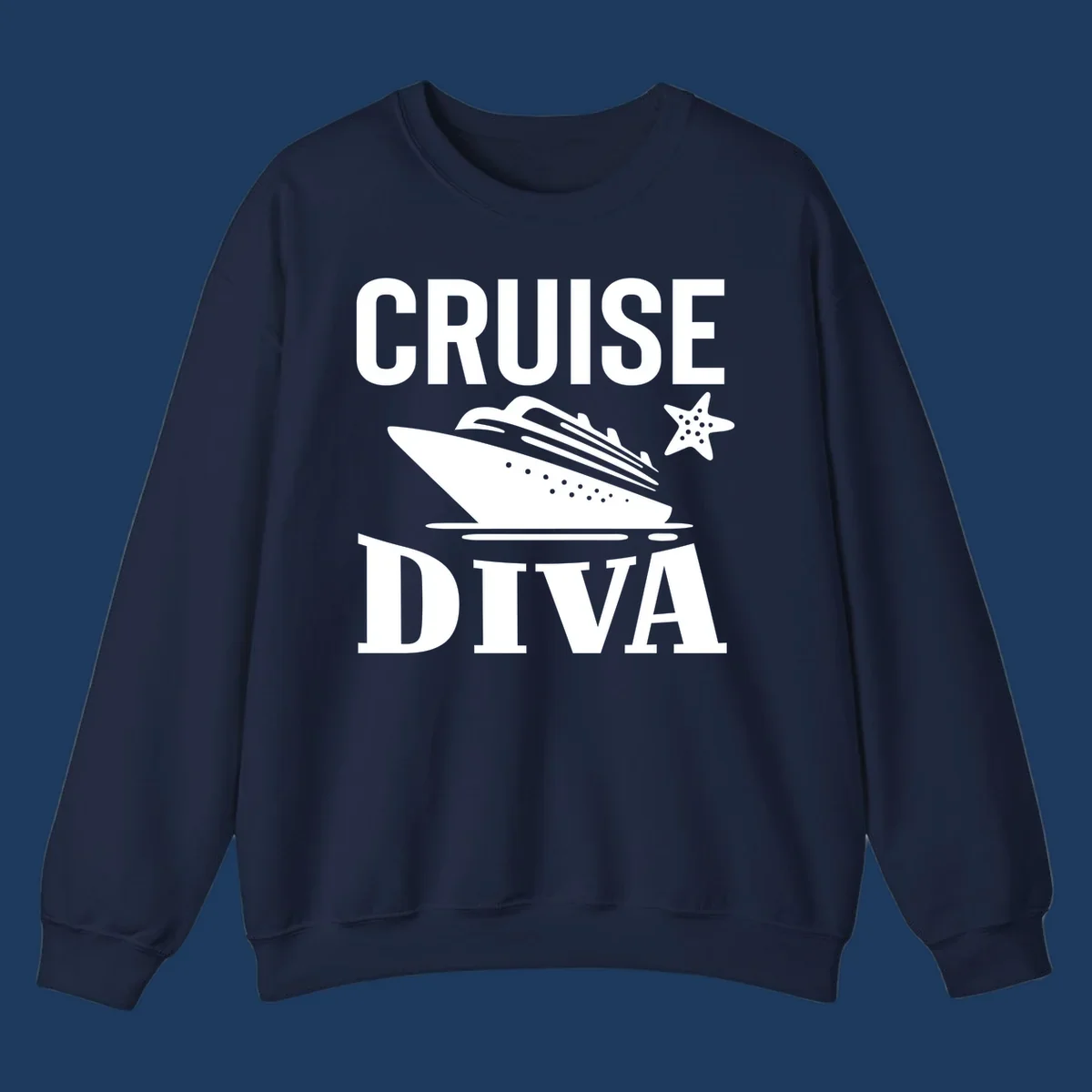 Cruise diva design featuring a cruise ship with starfish and wave graphics between white text reading cruise diva