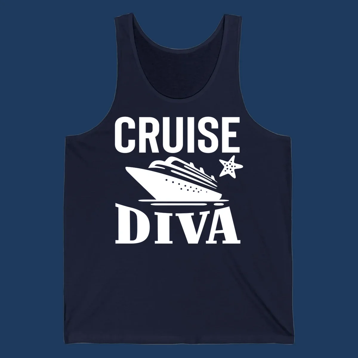 Cruise diva design featuring a cruise ship with starfish and wave graphics between white text reading cruise diva
