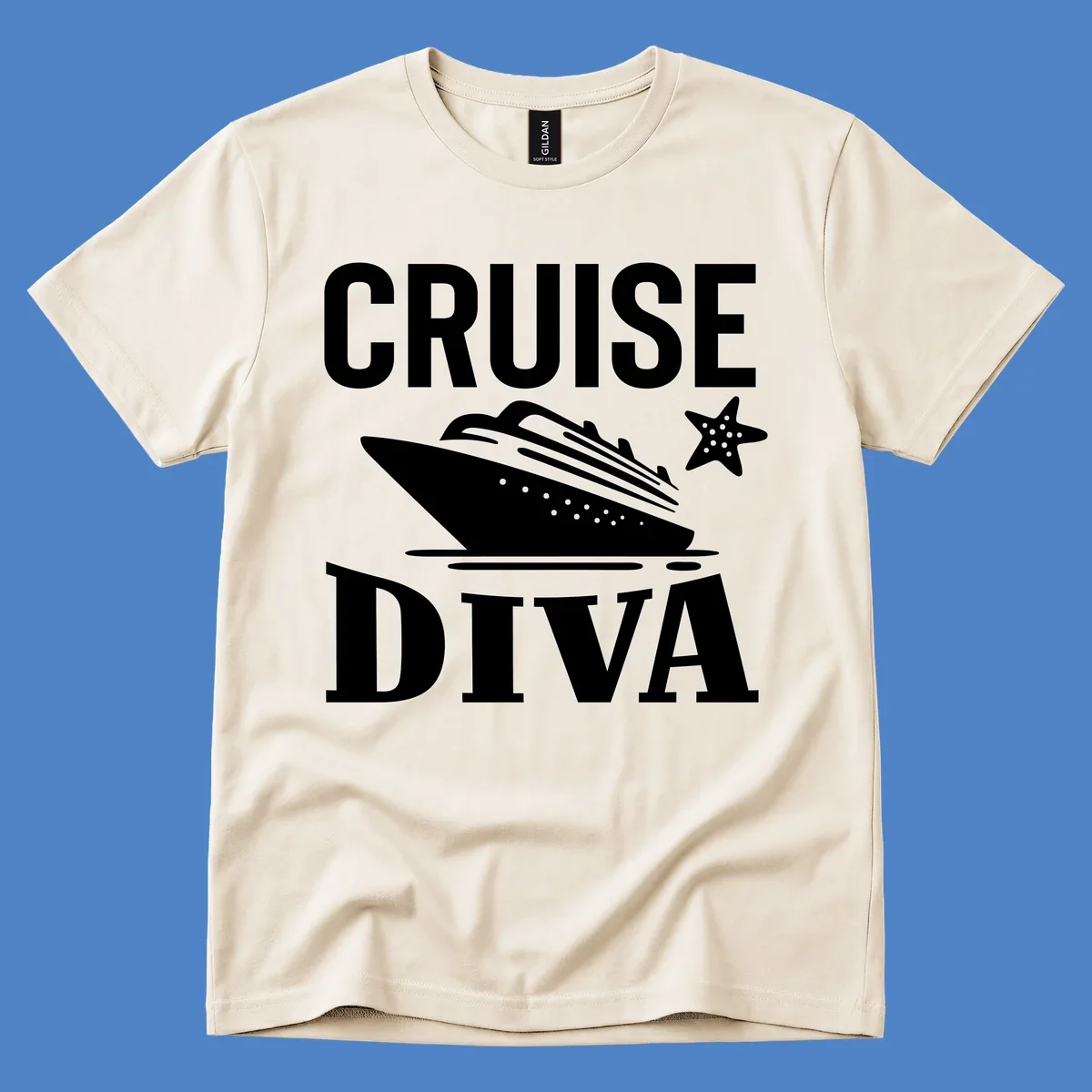 Cruise diva design featuring a cruise ship with starfish and wave graphics between white text reading cruise diva