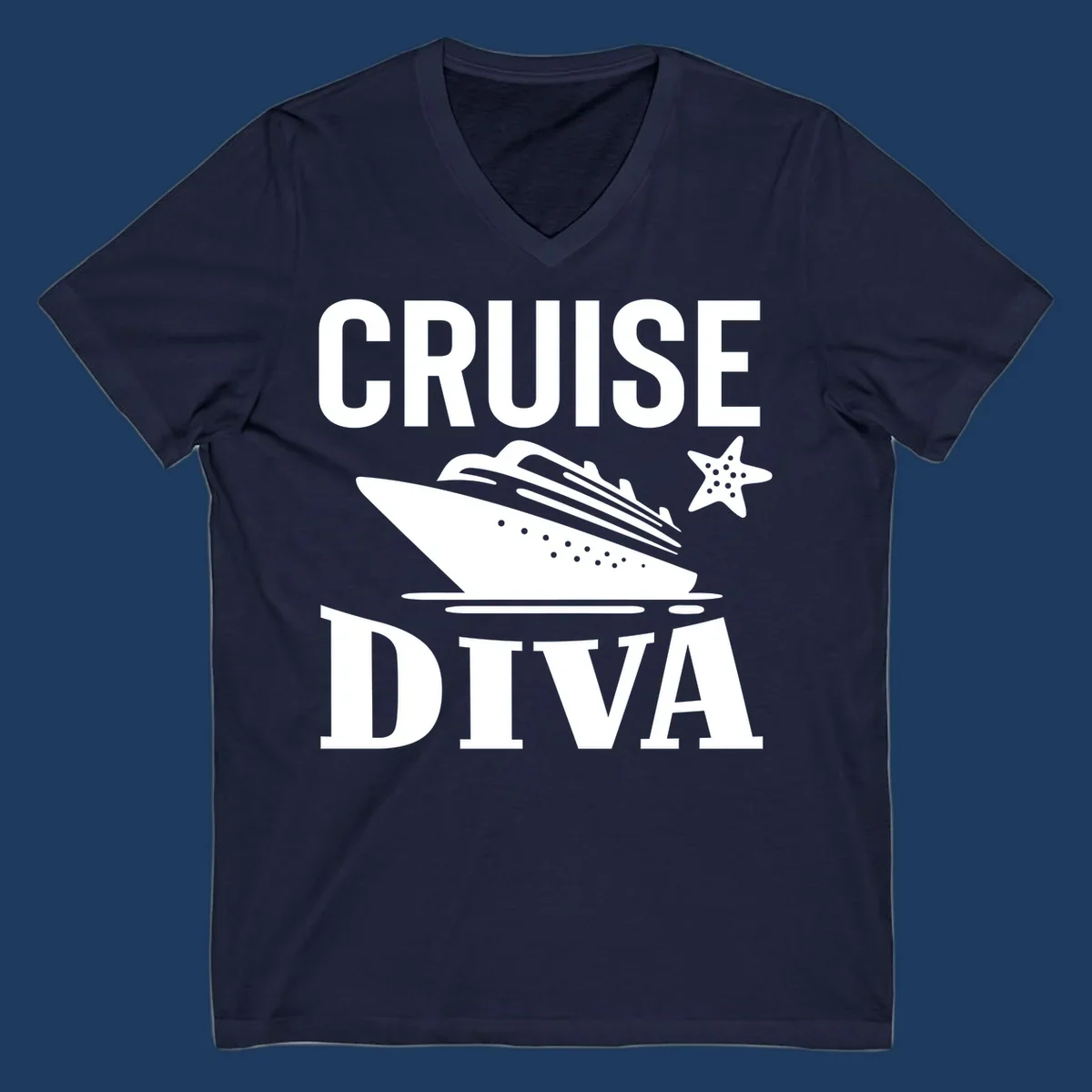 Cruise diva design featuring a cruise ship with starfish and wave graphics between white text reading cruise diva