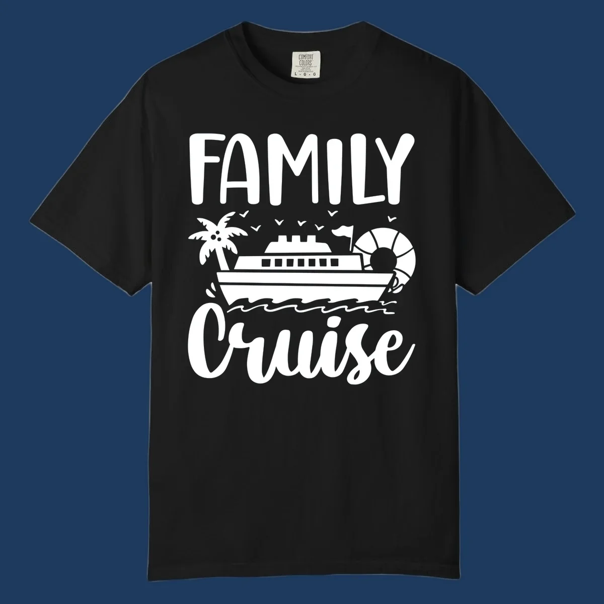 Family cruise vacation design with large text, cruise ship illustration, palm tree, life preserver, and ocean waves on gray background