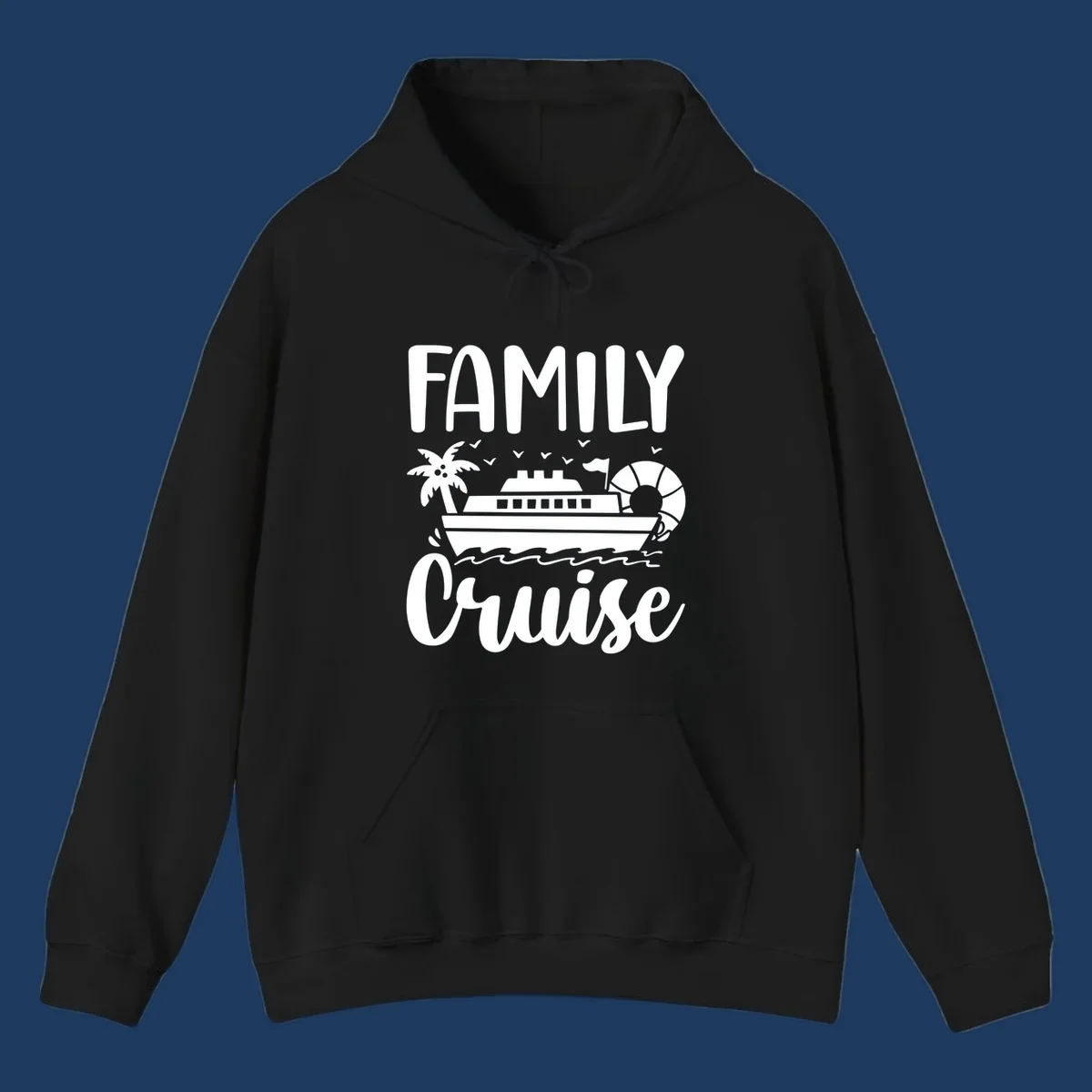 Family cruise vacation design with large text, cruise ship illustration, palm tree, life preserver, and ocean waves on gray background