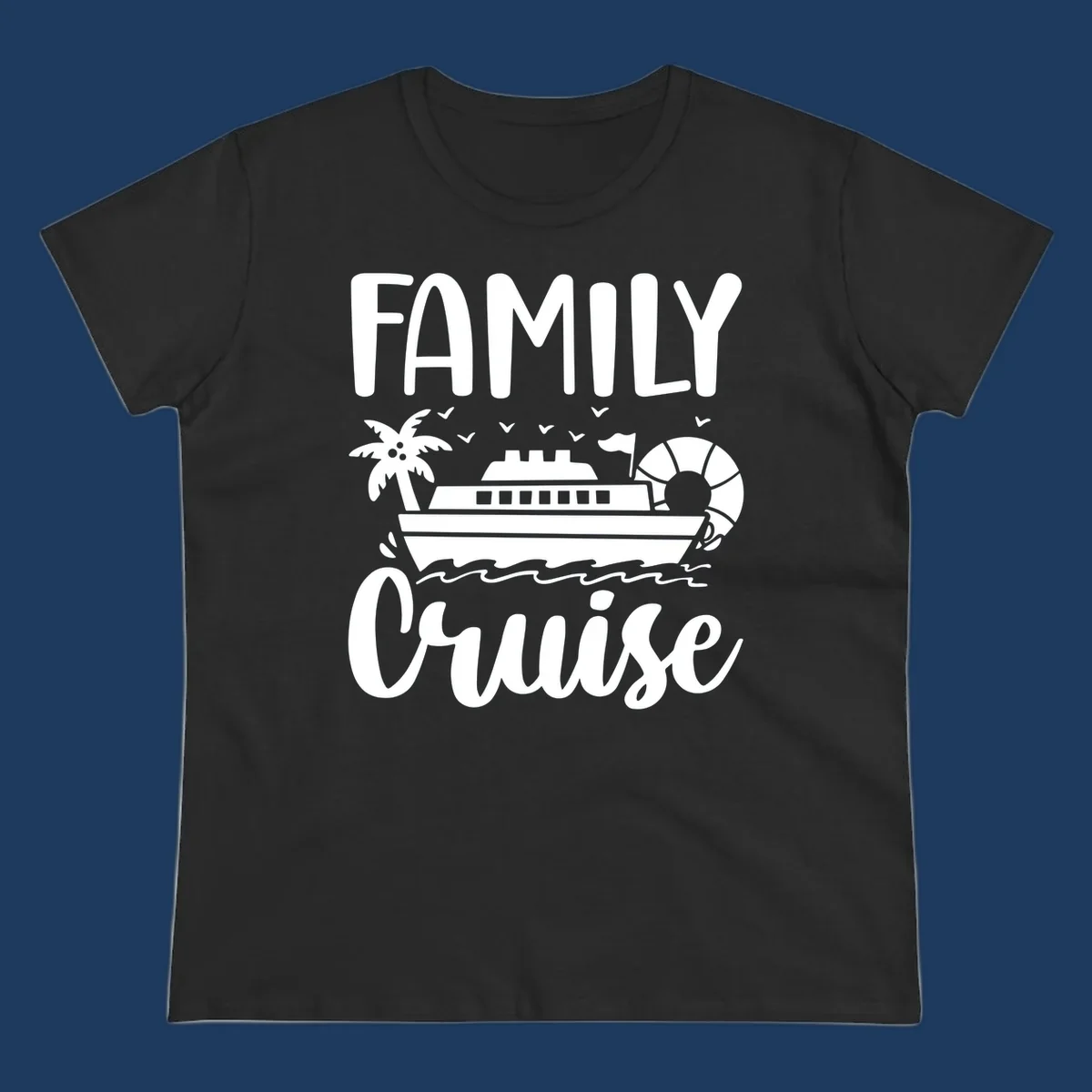 Family cruise vacation design with large text, cruise ship illustration, palm tree, life preserver, and ocean waves on gray background