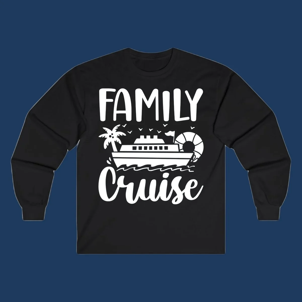 Family cruise vacation design with large text, cruise ship illustration, palm tree, life preserver, and ocean waves on gray background