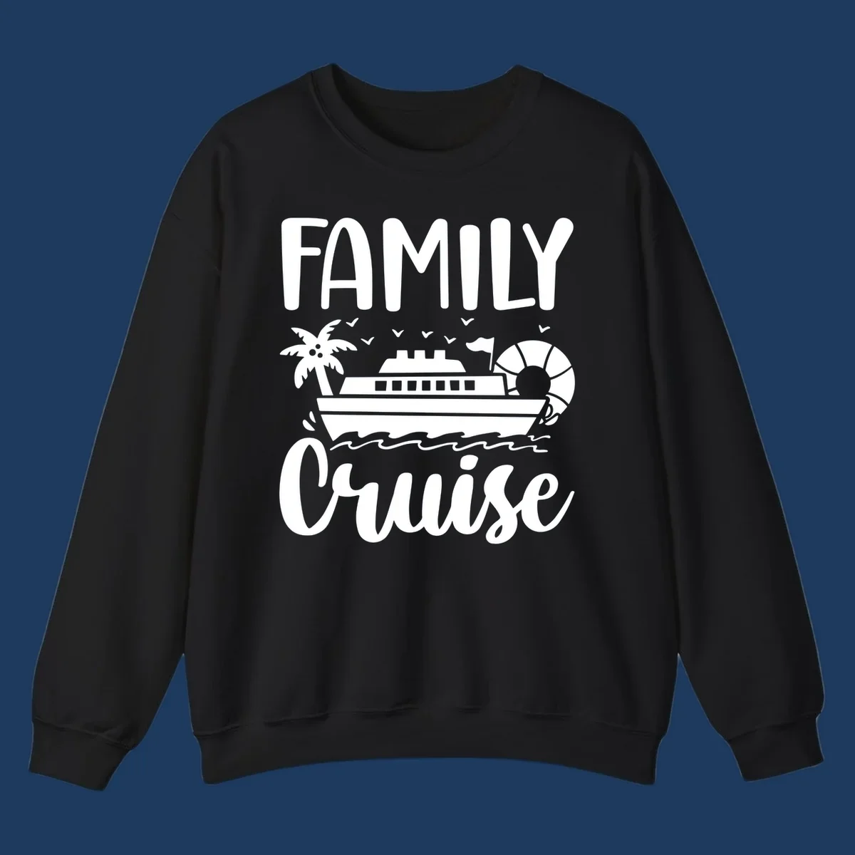 Family cruise vacation design with large text, cruise ship illustration, palm tree, life preserver, and ocean waves on gray background