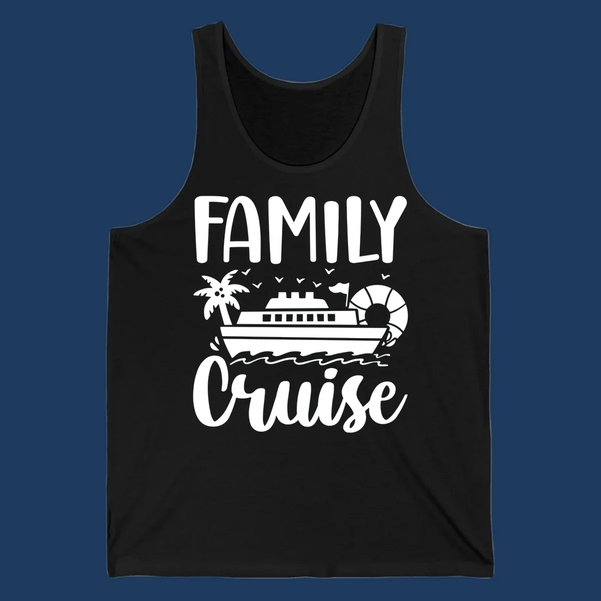Family cruise vacation design with large text, cruise ship illustration, palm tree, life preserver, and ocean waves on gray background