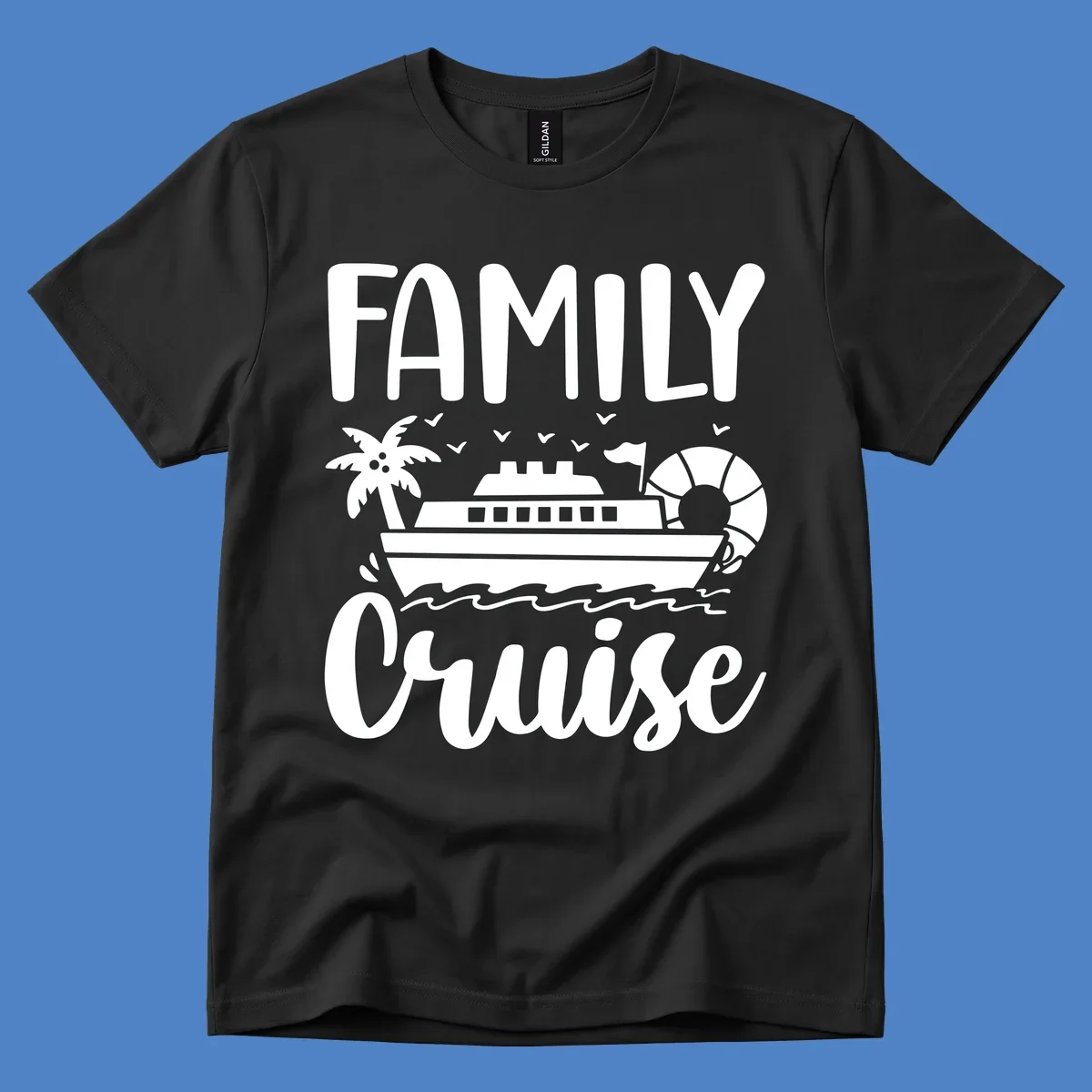 Family cruise vacation design with large text, cruise ship illustration, palm tree, life preserver, and ocean waves on gray background