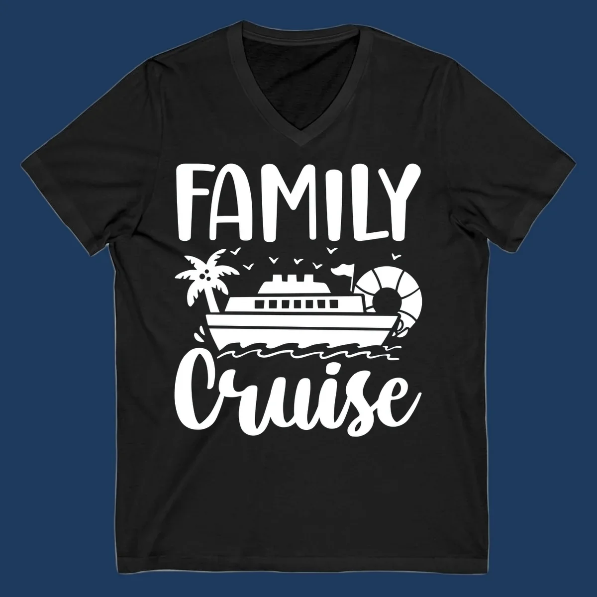 Family cruise vacation design with large text, cruise ship illustration, palm tree, life preserver, and ocean waves on gray background