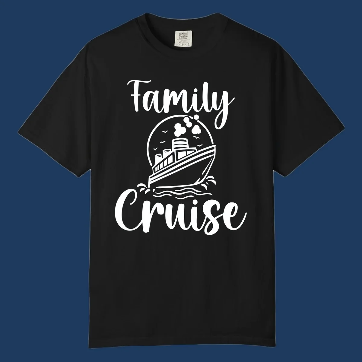 Family cruise ship illustration with ocean waves and birds in circular frame design