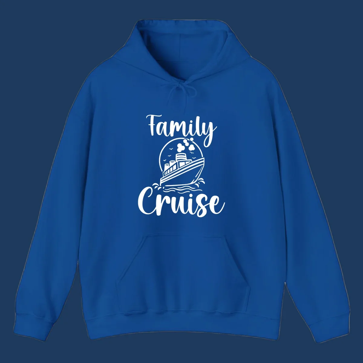 Family cruise ship illustration with ocean waves and birds in circular frame design