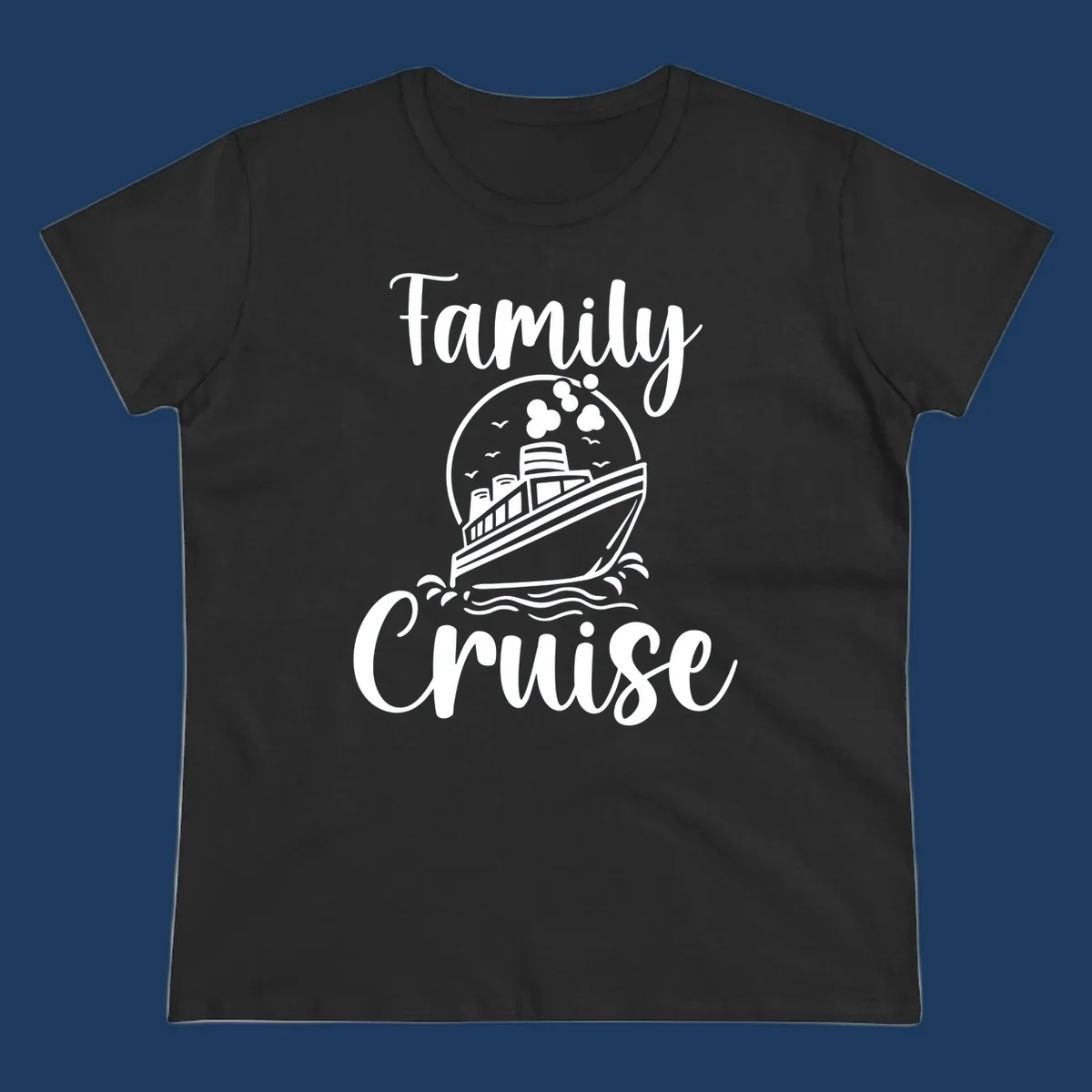 Family cruise ship illustration with ocean waves and birds in circular frame design