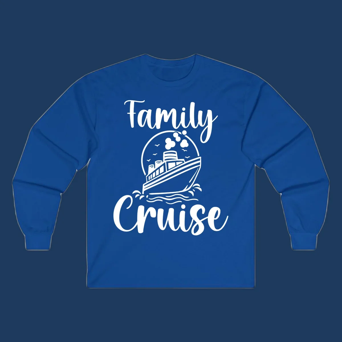 Family cruise ship illustration with ocean waves and birds in circular frame design