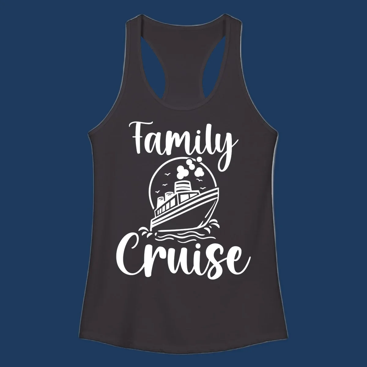Family cruise ship illustration with ocean waves and birds in circular frame design