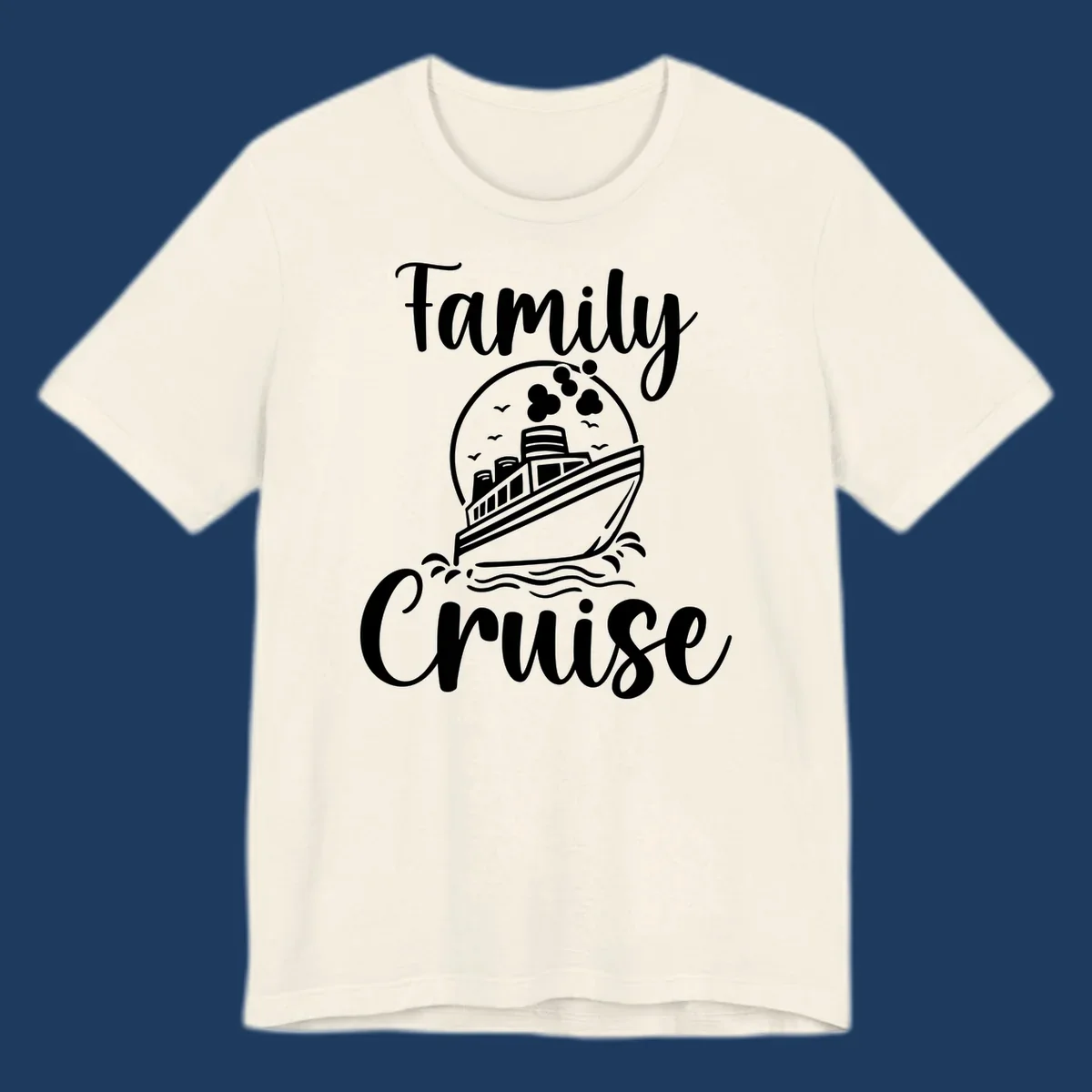 Family cruise ship illustration with ocean waves and birds in circular frame design