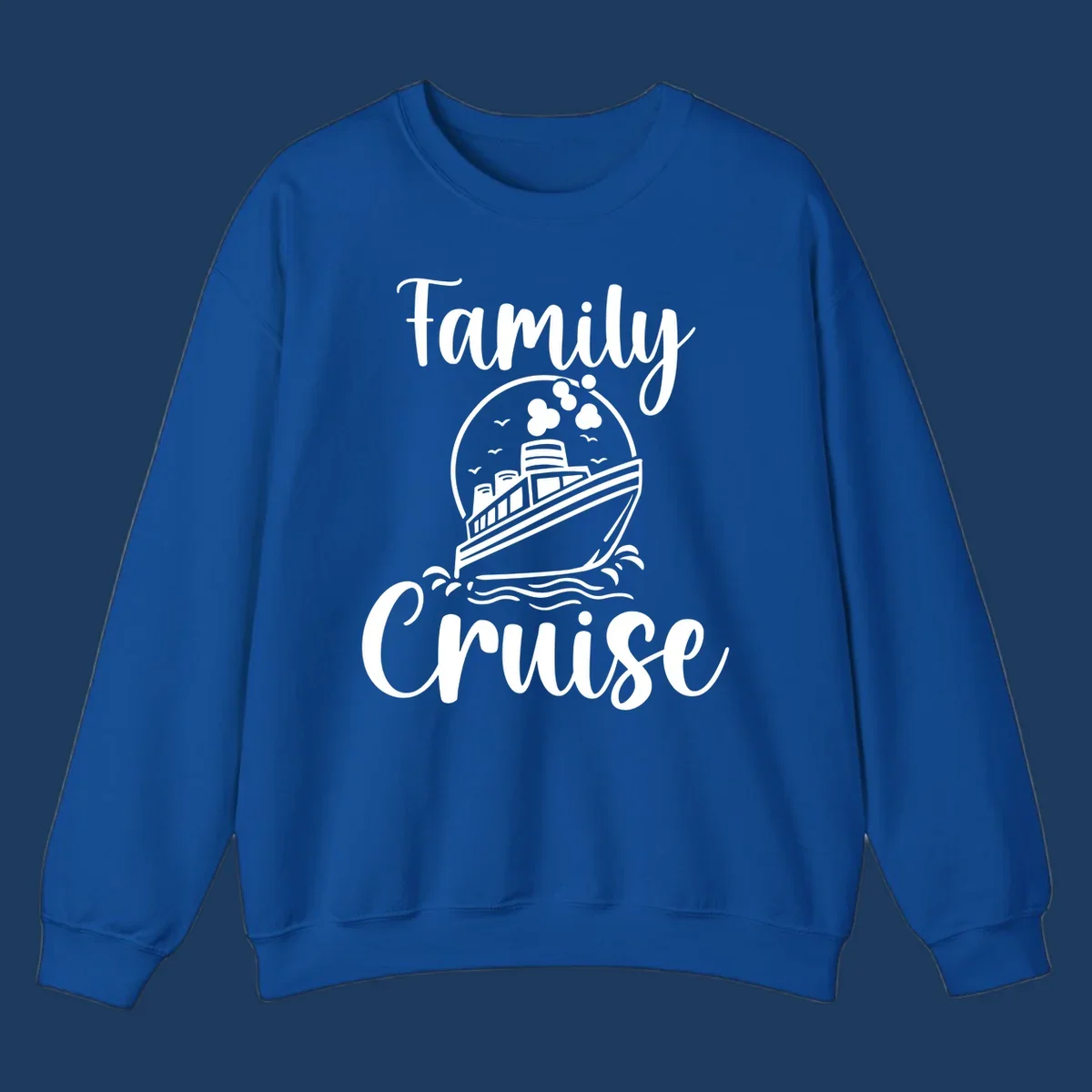 Family cruise ship illustration with ocean waves and birds in circular frame design