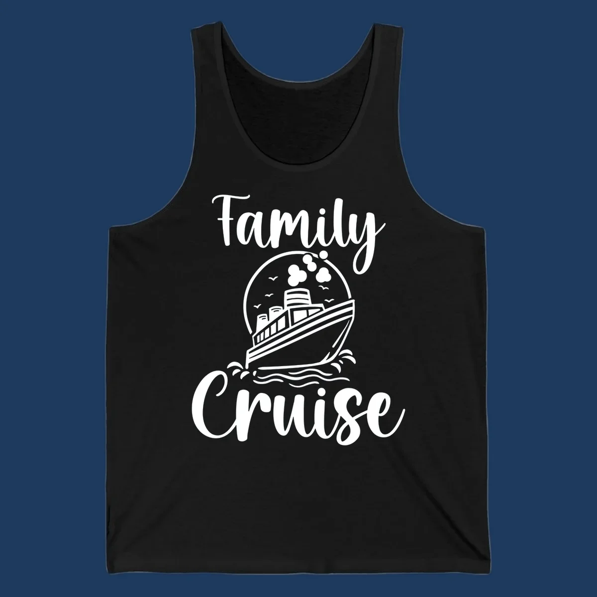 Family cruise ship illustration with ocean waves and birds in circular frame design