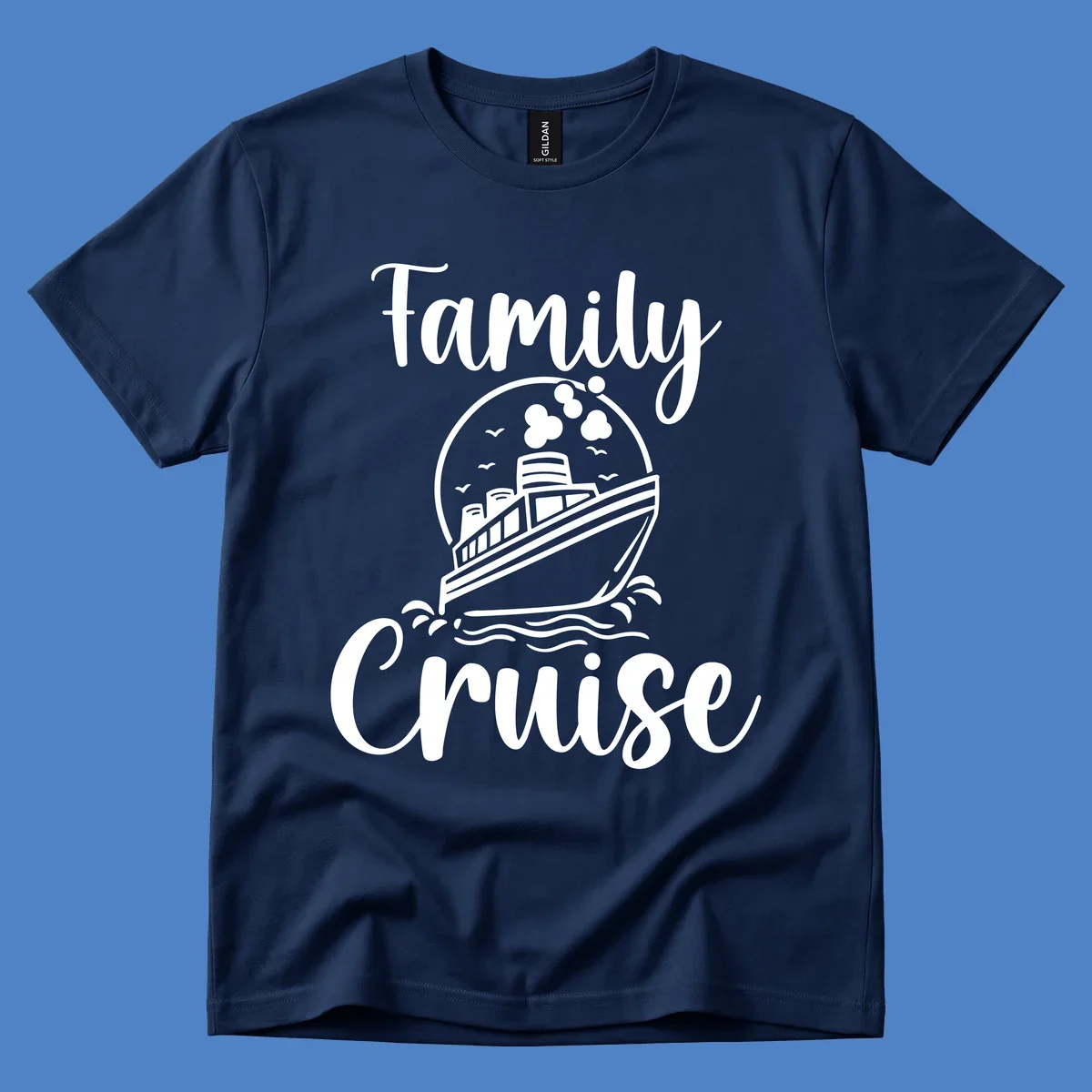 Family cruise ship illustration with ocean waves and birds in circular frame design