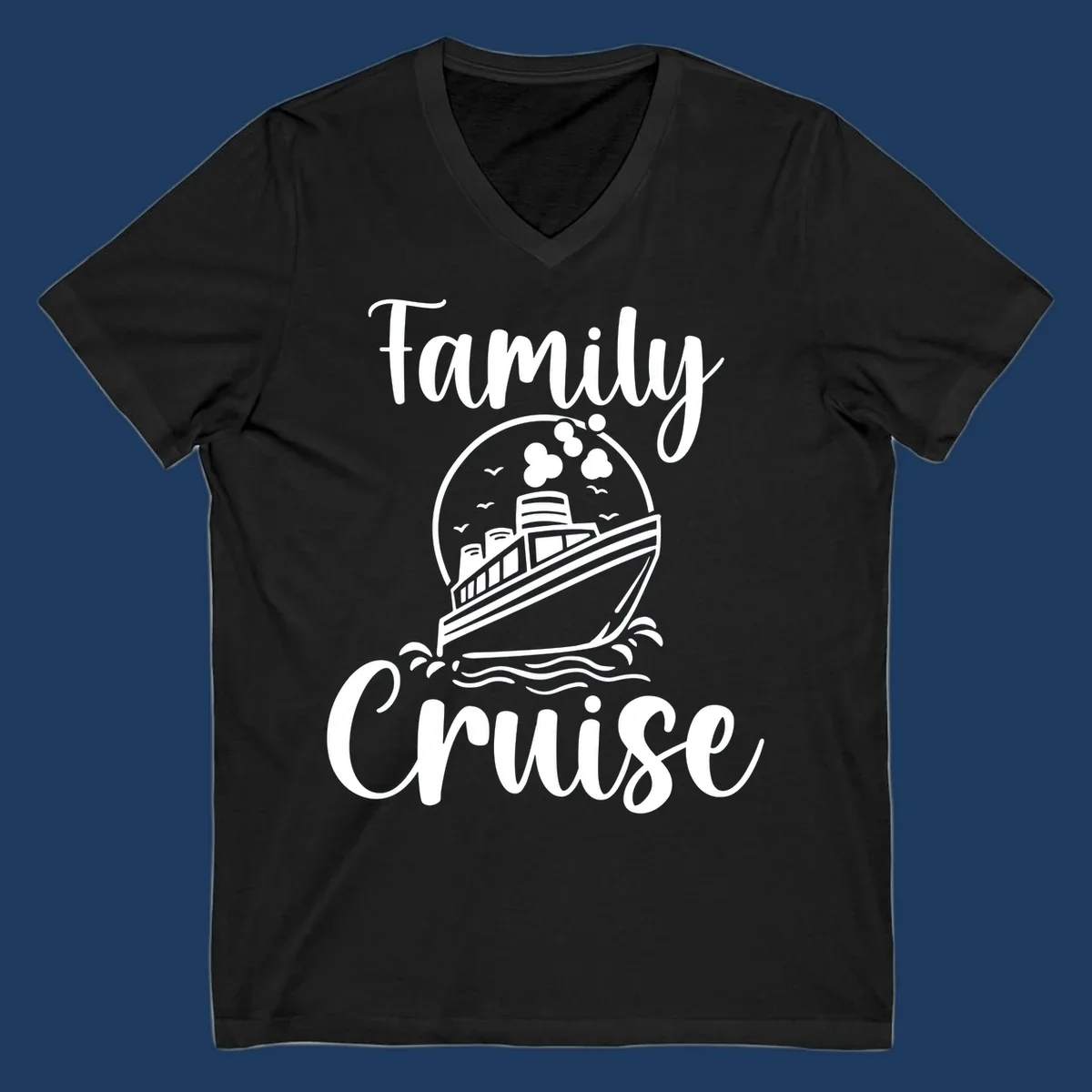 Family cruise ship illustration with ocean waves and birds in circular frame design