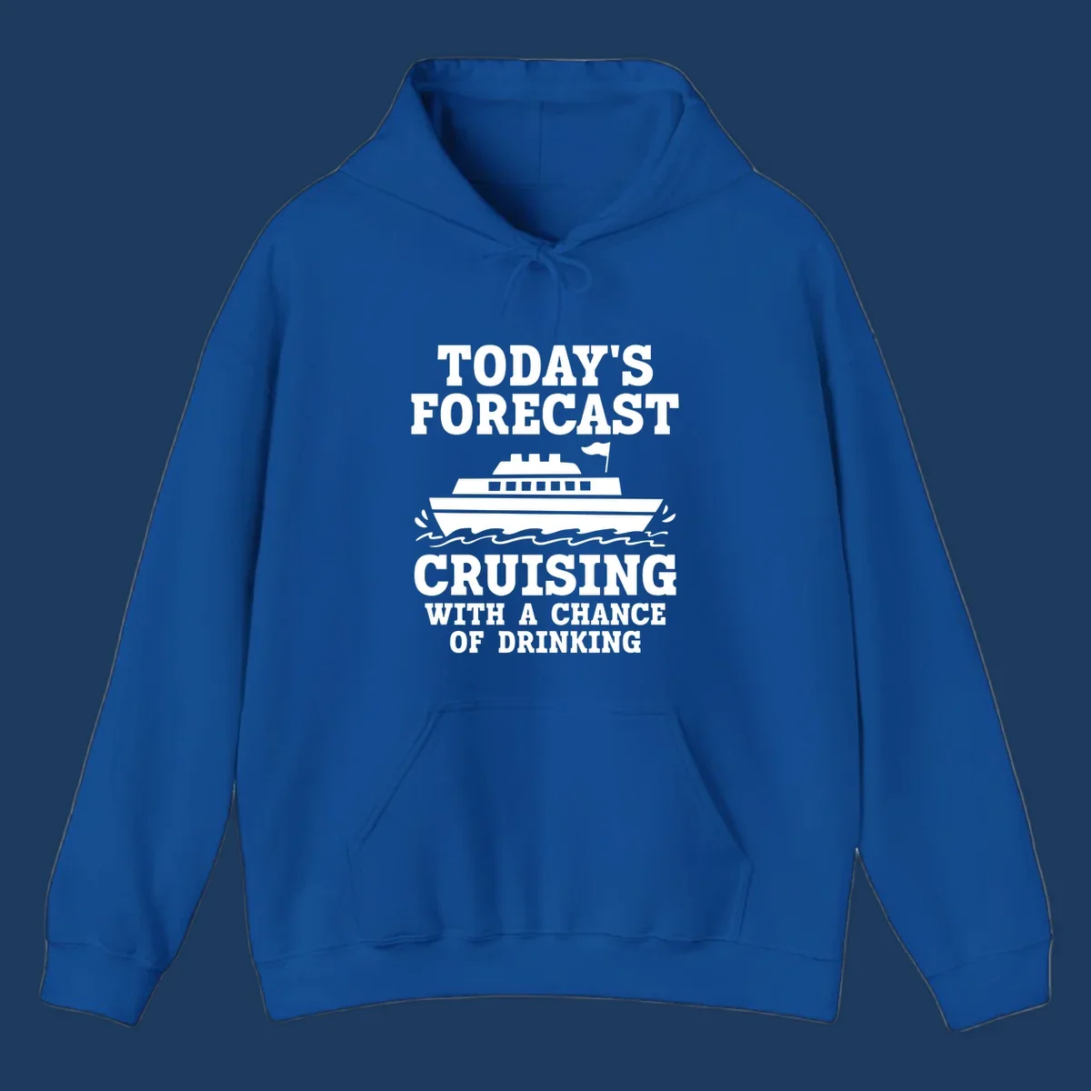 Forecast-style graphic with cruise ship on waves and text reading 'Today's Forecast: Cruising With A Chance Of Drinking'