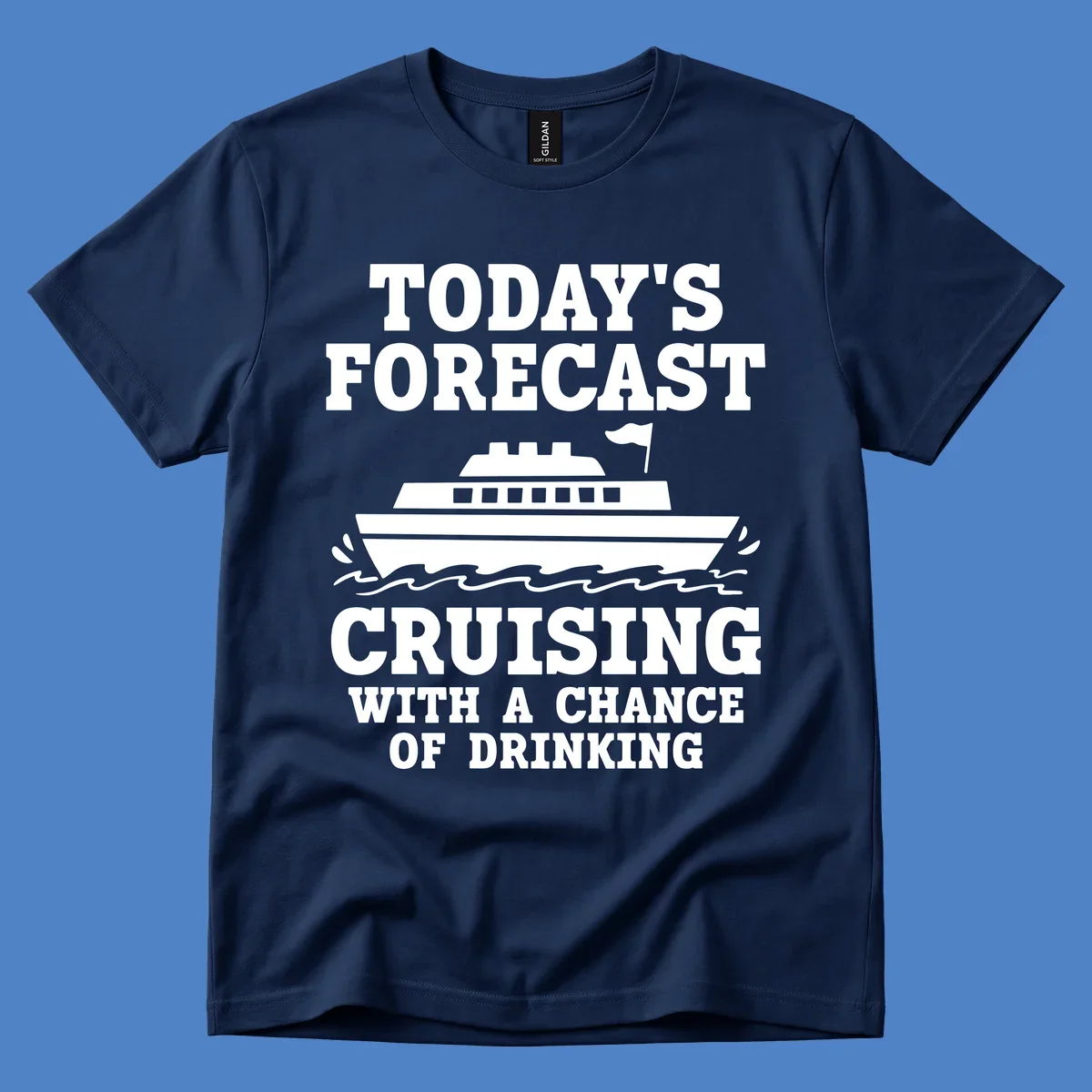 Forecast-style graphic with cruise ship on waves and text reading 'Today's Forecast: Cruising With A Chance Of Drinking'