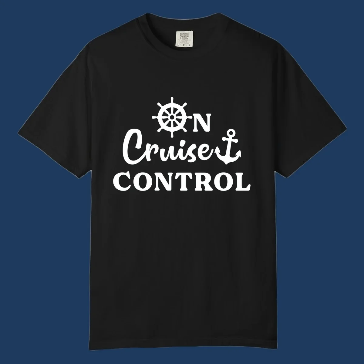 White ship's wheel and anchor icons with 'ON Cruiset CONTROL' text on gray background - cruiset control nautical design