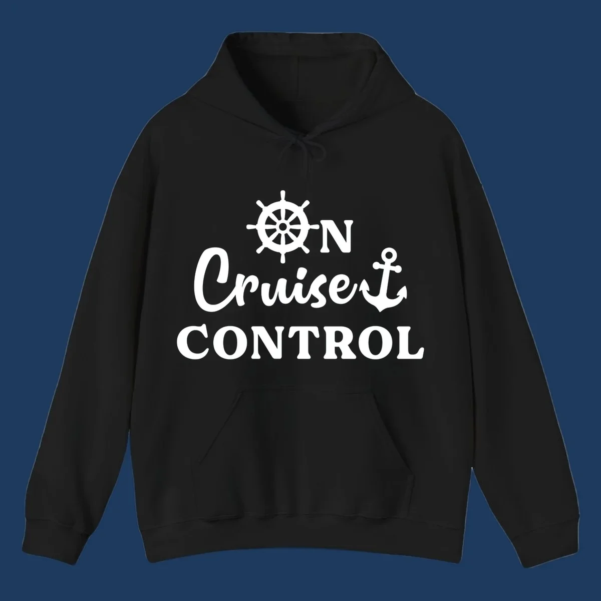 White ship's wheel and anchor icons with 'ON Cruiset CONTROL' text on gray background - cruiset control nautical design