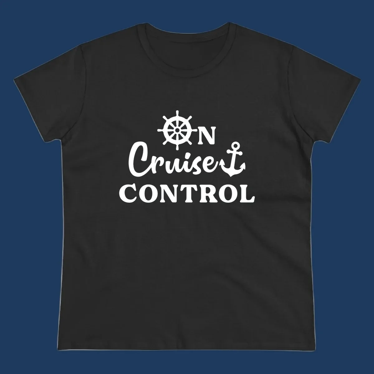 White ship's wheel and anchor icons with 'ON Cruiset CONTROL' text on gray background - cruiset control nautical design