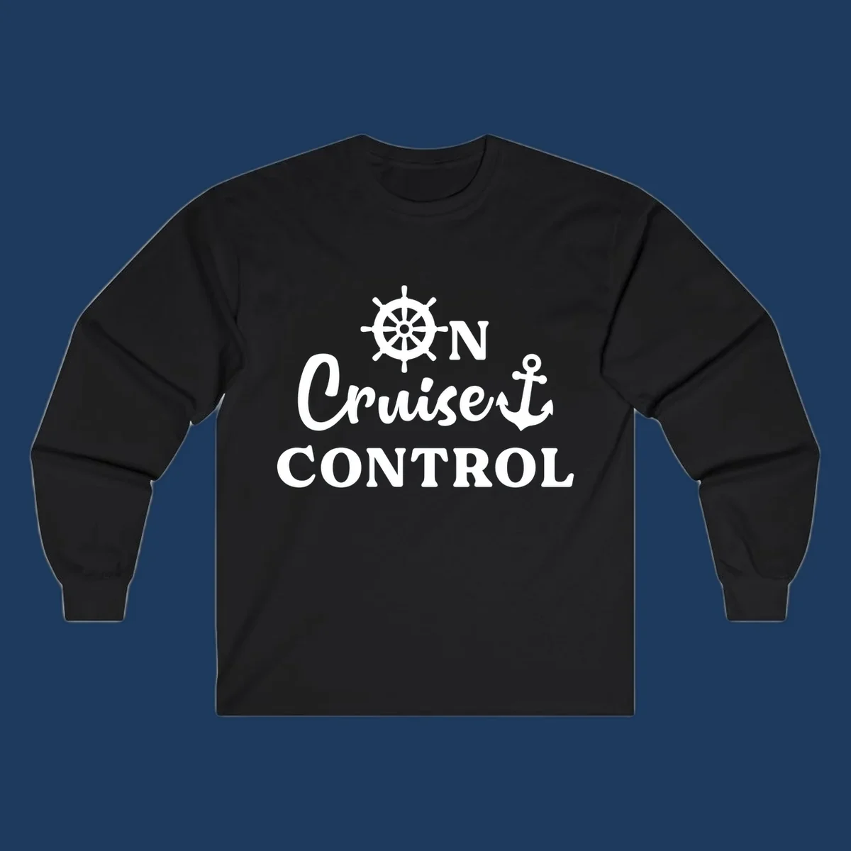 White ship's wheel and anchor icons with 'ON Cruiset CONTROL' text on gray background - cruiset control nautical design
