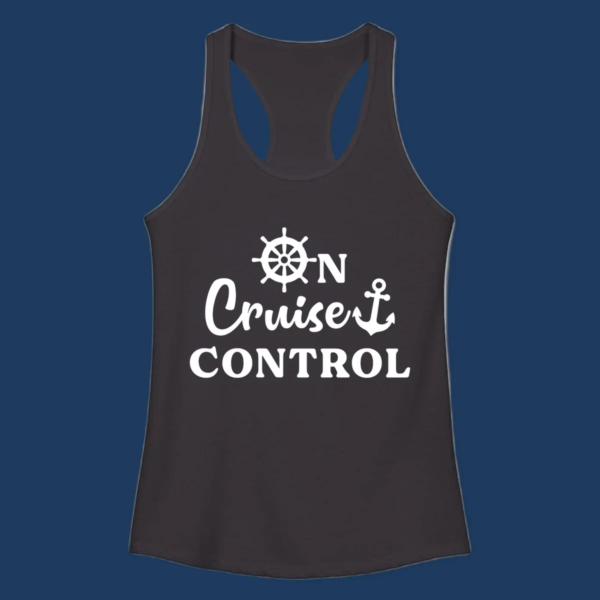 White ship's wheel and anchor icons with 'ON Cruiset CONTROL' text on gray background - cruiset control nautical design
