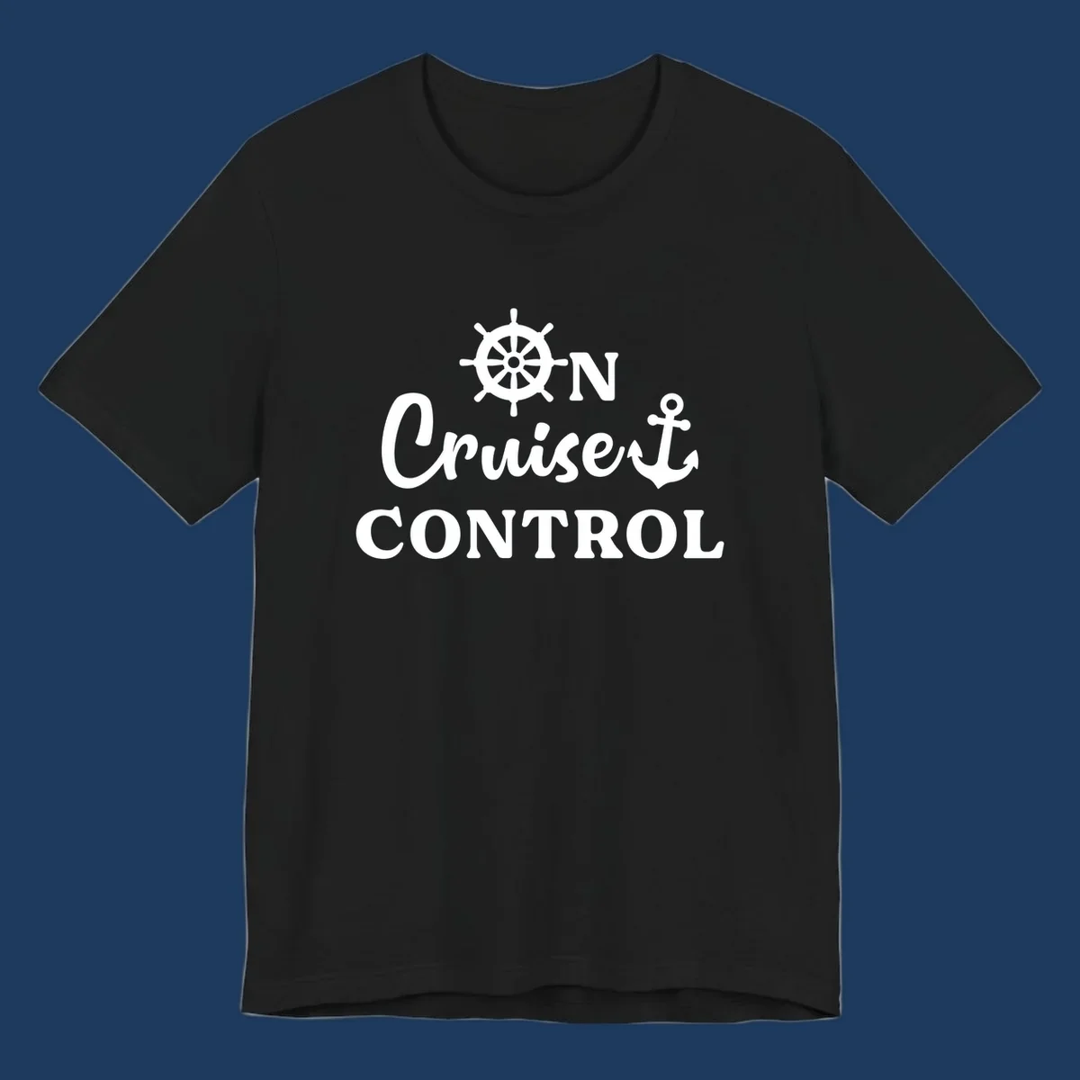 White ship's wheel and anchor icons with 'ON Cruiset CONTROL' text on gray background - cruiset control nautical design