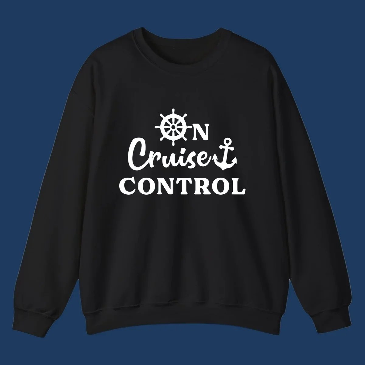 White ship's wheel and anchor icons with 'ON Cruiset CONTROL' text on gray background - cruiset control nautical design