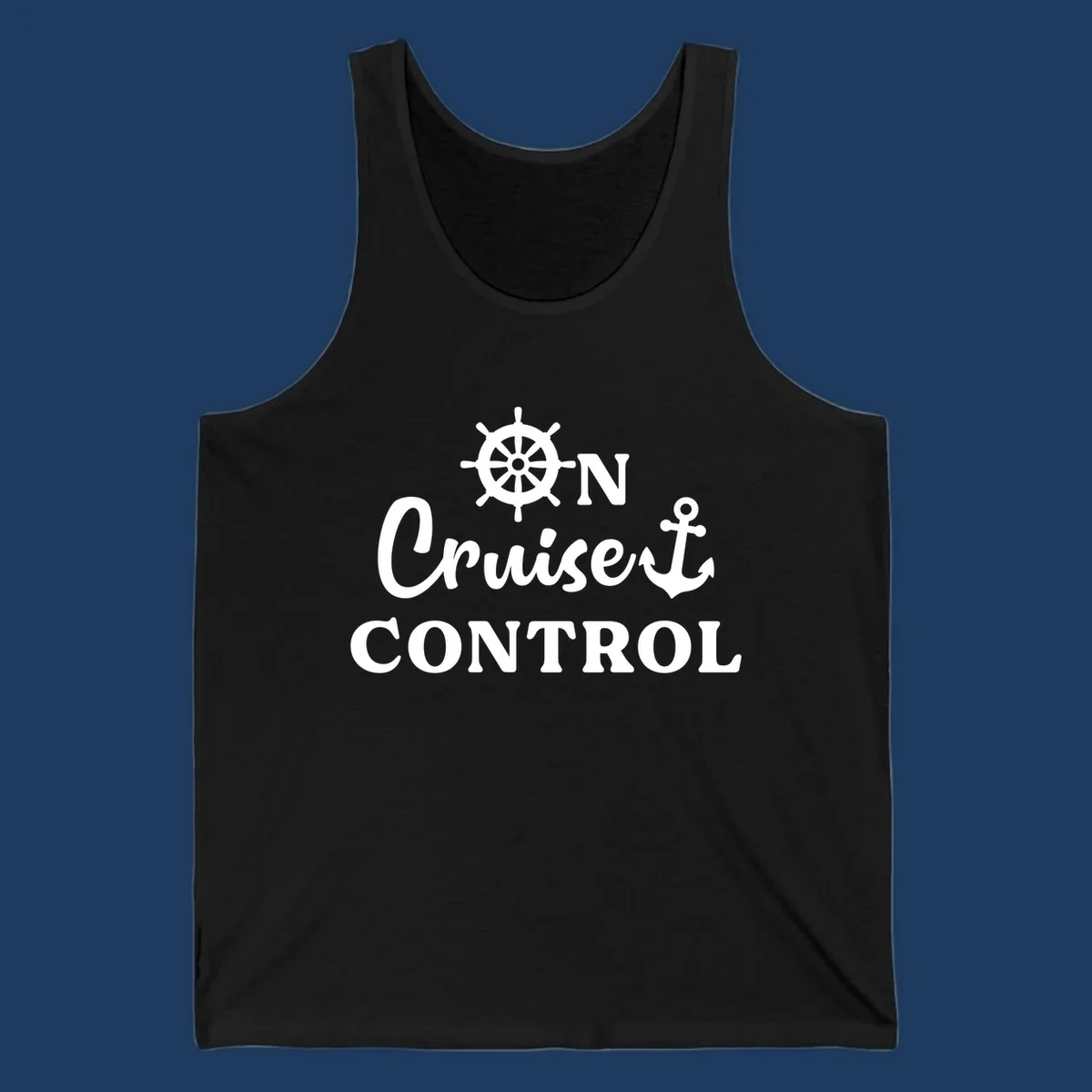 White ship's wheel and anchor icons with 'ON Cruiset CONTROL' text on gray background - cruiset control nautical design