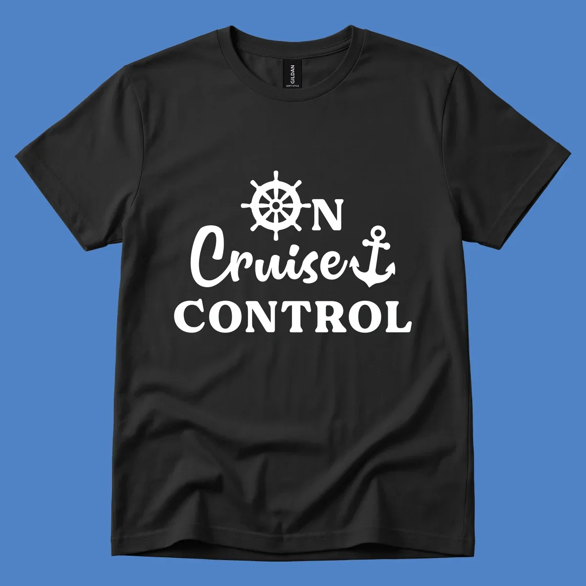 White ship's wheel and anchor icons with 'ON Cruiset CONTROL' text on gray background - cruiset control nautical design
