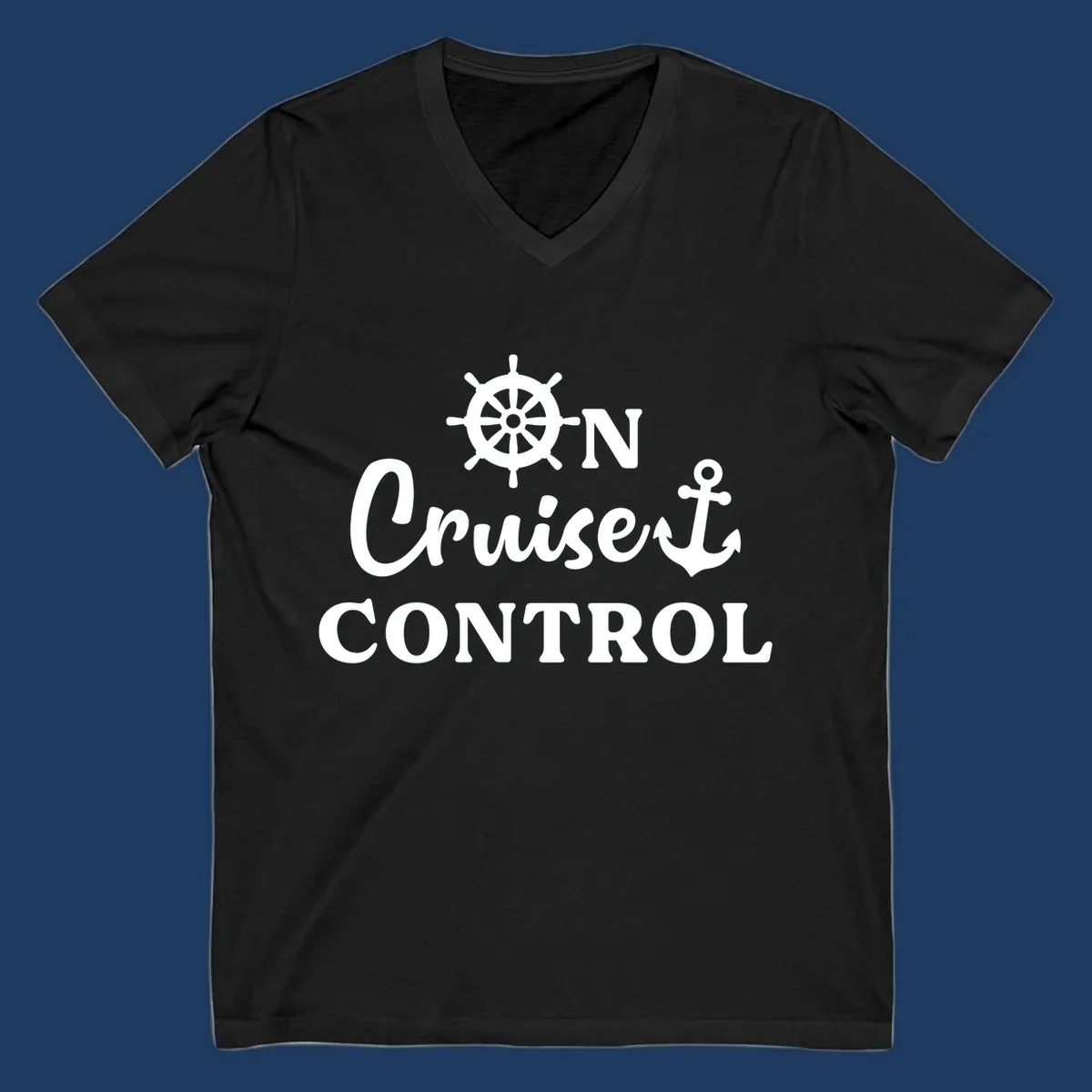 White ship's wheel and anchor icons with 'ON Cruiset CONTROL' text on gray background - cruiset control nautical design