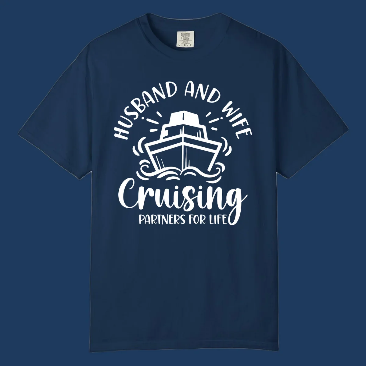 Husband and wife cruise partners design with cruise ship, ocean waves, and radiating lines on gray background