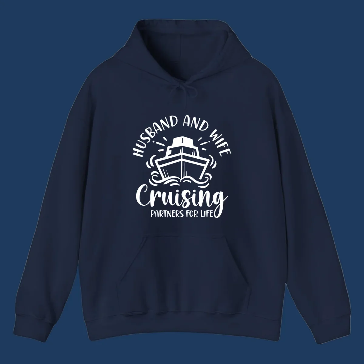 Husband and wife cruise partners design with cruise ship, ocean waves, and radiating lines on gray background
