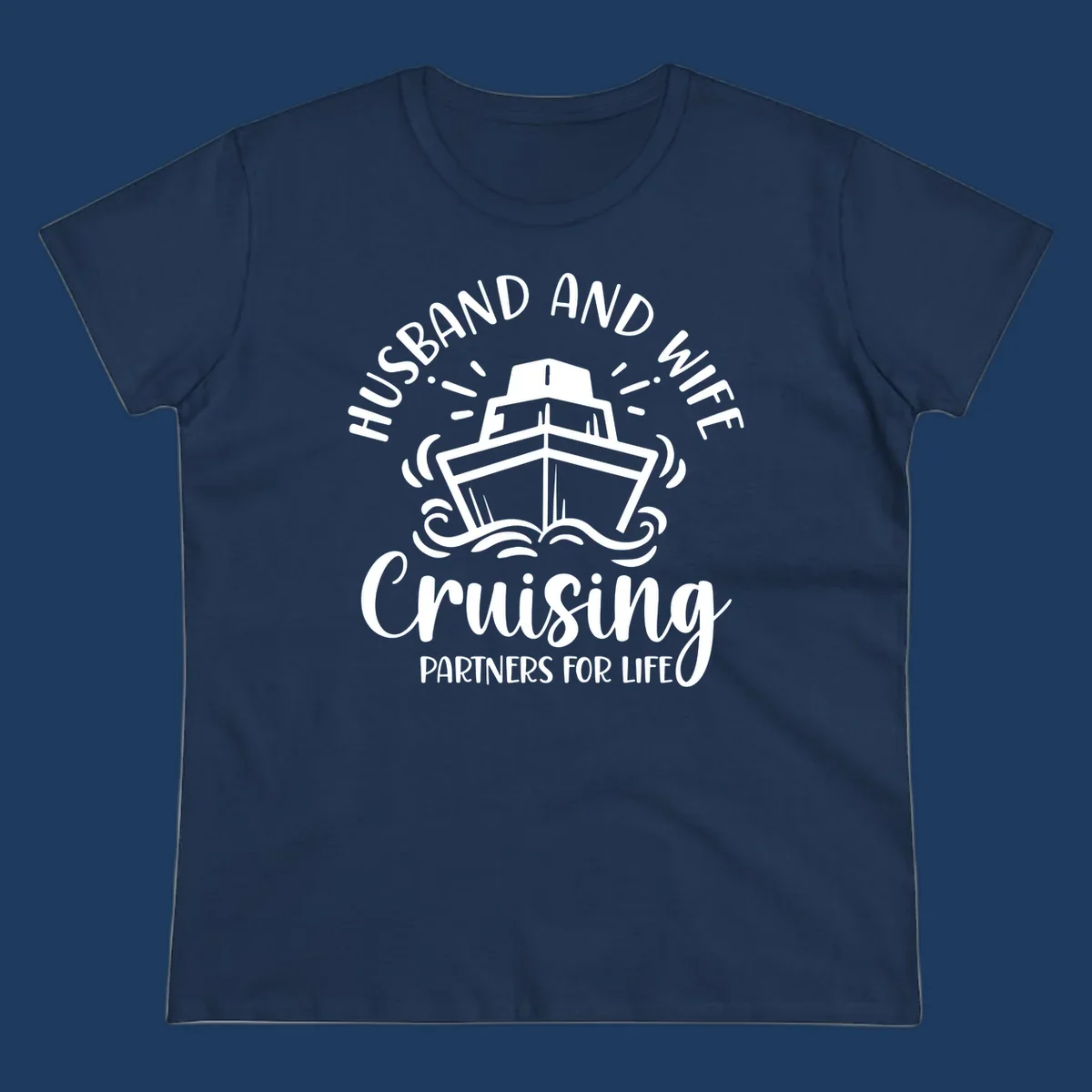 Husband and wife cruise partners design with cruise ship, ocean waves, and radiating lines on gray background