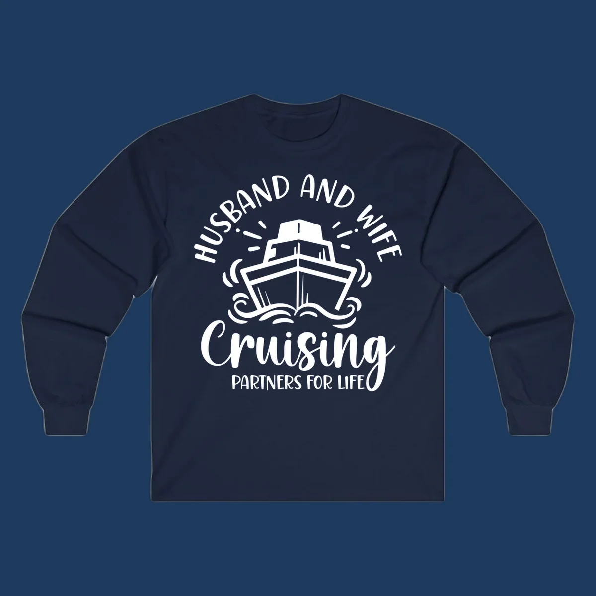 Husband and wife cruise partners design with cruise ship, ocean waves, and radiating lines on gray background