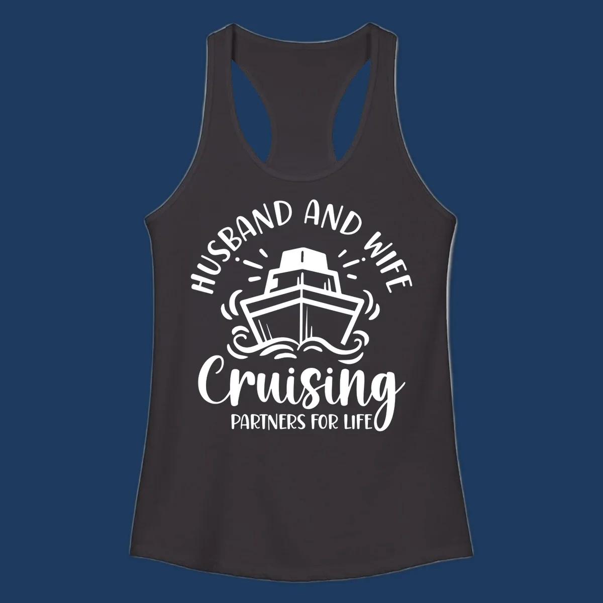 Husband and wife cruise partners design with cruise ship, ocean waves, and radiating lines on gray background