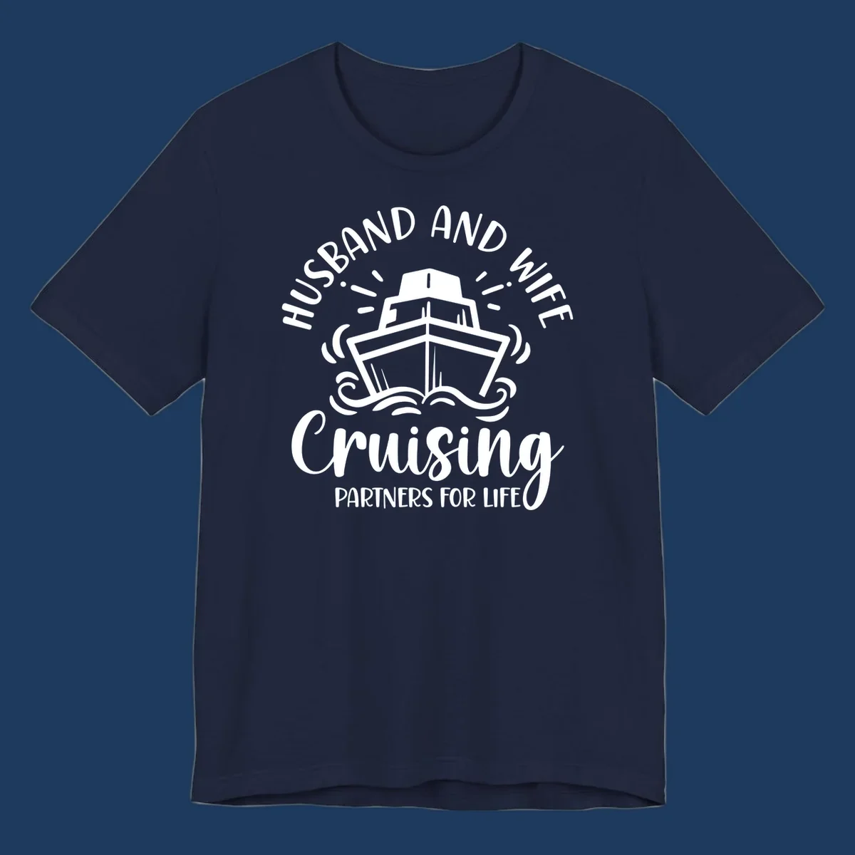 Husband and wife cruise partners design with cruise ship, ocean waves, and radiating lines on gray background